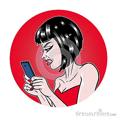 Comic style girl angry at her phone message, beautiful young brunette woman, pop art, vector illustration Vector Illustration