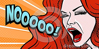 Comic style girl shouting NO, shocked angry expression, face close-up, beautiful young redhead woman, pop art, vector illustration Vector Illustration