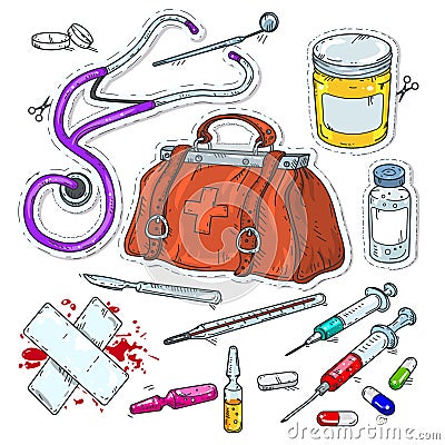 Comic style icons, sticker of medical tools, doctor bag Vector Illustration