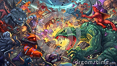 A comic-style illustration of a team of superheroes battling an alien invasion. Fantasy concept , Illustration painting Cartoon Illustration