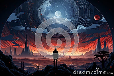 Comic style tech fantasy Abstract futuristic concept art with flat design Stock Photo