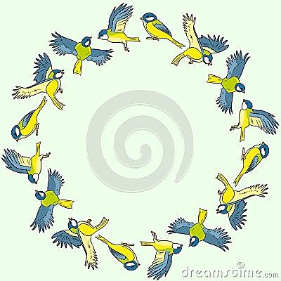 Comic style titmouse spring birds colorful wreath ornament Vector Illustration