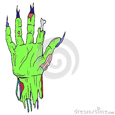 Comic style, torn off, cartoon zombie hand, palm green, with lon Cartoon Illustration