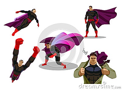 Comic superhero actions in different poses. Male super hero vector cartoon characters. Vector illustration. Vector Illustration