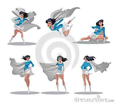 Comic superwoman actions in different poses. Female superhero vector cartoon characters. Illustration of superhero woman cartoon Vector Illustration