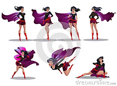 Comic superwoman actions in different poses. Female superhero vector cartoon characters. Illustration of superhero woman cartoon Vector Illustration