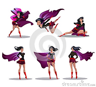 Comic superwoman actions in different poses. Female superhero vector cartoon characters. Illustration of superhero woman cartoon Vector Illustration