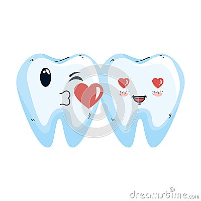 Comic teeth couple with heart kawaii Vector Illustration