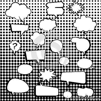 Comic text boxes with elements and dot pattern Vector Illustration