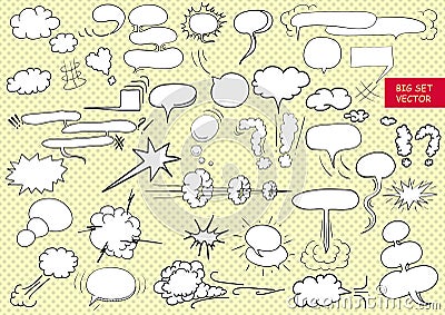 Comic text clouds in pop art style, set, hand drawn, vector Vector Illustration