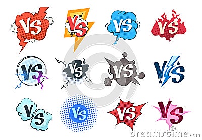 Comic versus logos. VS pop art retro game concept, cartoon fight bubble template, boxing competition. Vector versus Vector Illustration