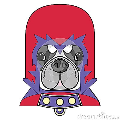 Comic Villain symbol in costume with cape, mask in red,yellow, blue and purple as a French bulldog character Vector Illustration