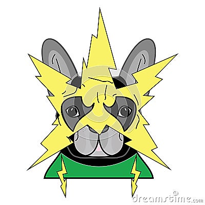 Comic Villain symbol in costume with yellow lightning mask in and green costume as a French bulldog character Vector Illustration