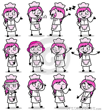 Comic Vintage Poses of Waitress - Set of Concepts Vector illustrations Cartoon Illustration