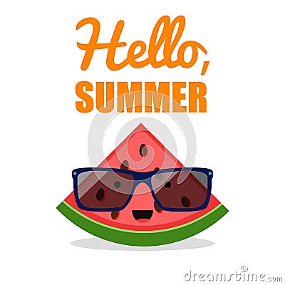 Comic watermelon sunglasses , fruit character. Hello summer Vector Illustration