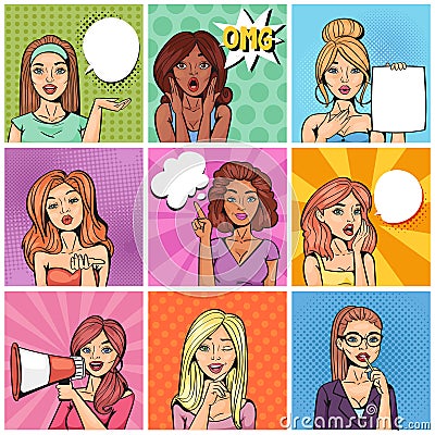 Comic woman vector popart cartoon girl character speaking bubble speech or comicgirl illustration female set of Vector Illustration