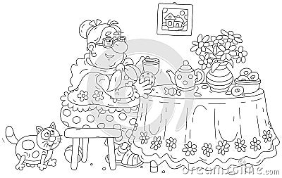 Funny plump housewife drinking tea in her kitchen Vector Illustration