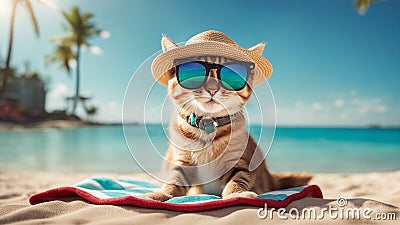 A comical kitten wearing a pair of oversized sunglasses and a straw hat, lounging on a beach towel Stock Photo