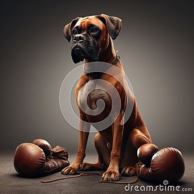 Boxer dog sits with boxing gloves around floor Stock Photo