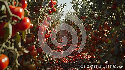 A comically oversized tomato garden, with plants stretching upwards like skyscrapers, branches heavy with thousands Stock Photo