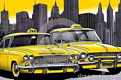 Comics style taxi cars and the city Stock Photo
