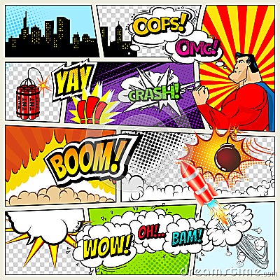 Comics Template. Vector Retro Comic Book Speech Bubbles Illustration. Mock-up of Comic Book Page with place for Text Vector Illustration