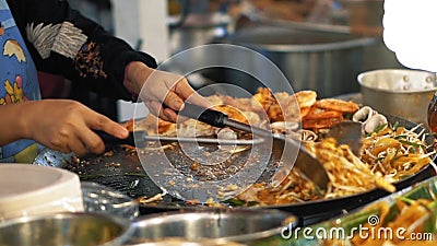 Comida deliciosa fresca en el mercado de la noche, cámara lenta de la preparación El cocinero asa los mariscos en una cacerola ca almacen de metraje de vídeo Comida deliciosa fresca en el mercado de la noche, cámara lenta de la preparación El cocinero asa los mariscos en una cacerola ca almacen de metraje de vídeo