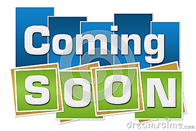 Coming Soon Green Blue Squares Stripes Stock Photo