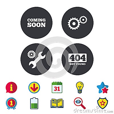 Coming soon icon. Repair service tool and gear. Vector Illustration