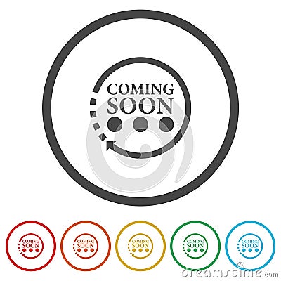 Coming soon loading. Set icons in color circle buttons Vector Illustration