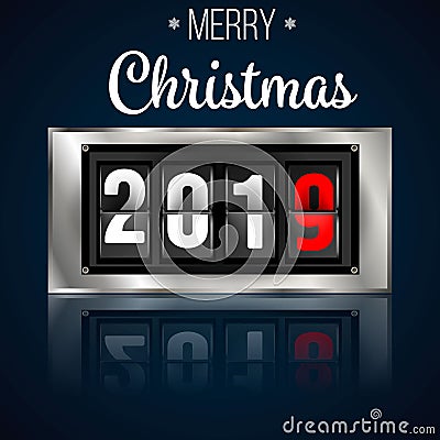 2019 coming soon. New Year information display board vector illustration. 2019 New Year counter Christmas congratulation Black bac Stock Photo