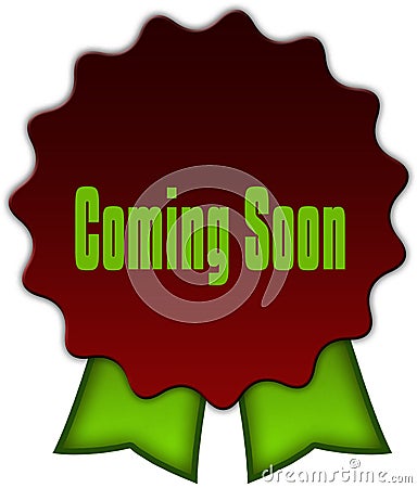 COMING SOON on red seal with green ribbons. Stock Photo