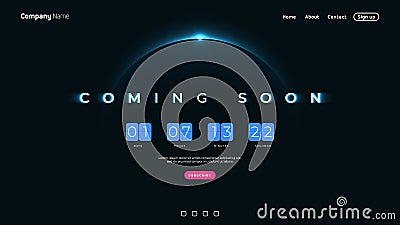 Coming Soon text on abstract Sunrise Dark Background with Flip countdown clock counter timer Vector Illustration