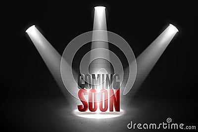 Coming soon. Text in Spotlight shine effects on a dark background Vector Illustration