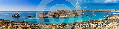 Comino, Malta - Panoramic skyline view of the famous and beautiful Blue Lagoon on the island of Comino Stock Photo