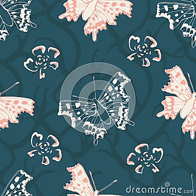 Comma butterfly vector seamless pattern background. Pink blue backdrop with flying butterflies and flowers. Open Vector Illustration