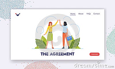Command Agreement Landing Page Template. Business Women Giving High Five To Each Other. Business Teamwork Vector Illustration