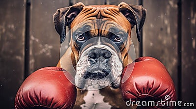 A commanding portrait of a stern Boxer dog, wearing boxing Stock Photo