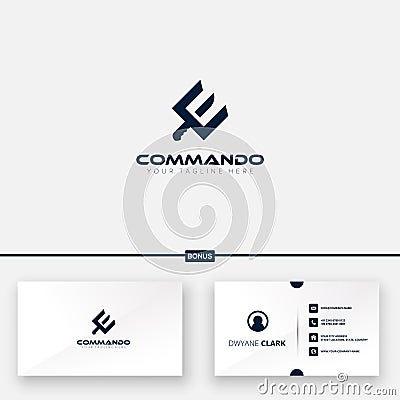 Commando logo initial e with equipment knife for the logo and free business card Vector Illustration