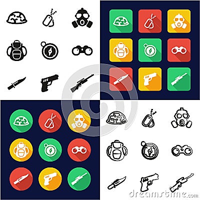 Commandos All in One Icons Black & White Color Flat Design Freehand Set Vector Illustration