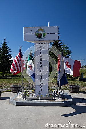 Beginning or End: Alaska Highway milepost 1422 at Delta Junctio Editorial Stock Photo