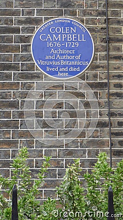 Commemorative Blue Plaque for the architect Colen Campbell 1676-1729. London, England, UK. Editorial Stock Photo