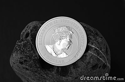 Australian silver coin 1 dollar. A commemorative coin of Queen Elizabeth II 1952- 2022. Editorial Stock Photo