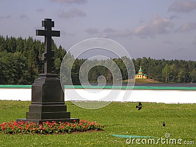 Commemorative cross made of black stone. Alexander Svirsky Monastery Stock Photo