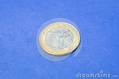 Commemorative `One Real` brazilian coin -Vinicius the mascot - Olympics games `Rio 2016` Editorial Stock Photo