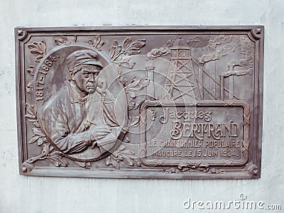 Commemorative plaque for Jacques Bertrand, place du Bourdon. Jacques Bertrand was a Belgian chansonnier Editorial Stock Photo