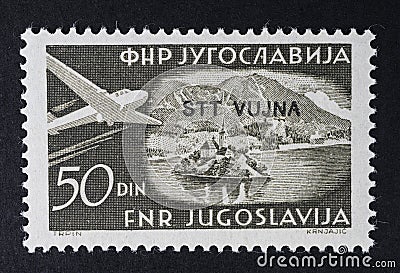 Commemorative stamp with the image of Lake Bled Editorial Stock Photo