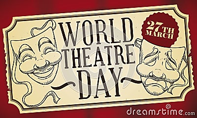 Commemorative Ticket with Masks for World Theatre Day Celebration, Vector Illustration Vector Illustration