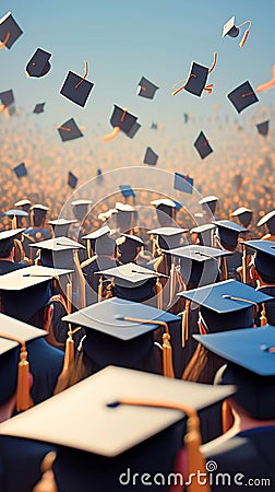 Commencement scene large group of graduation caps in celebration Stock Photo