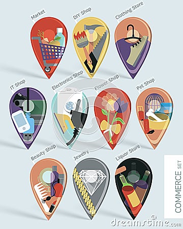 Commerce map pins set Vector Illustration